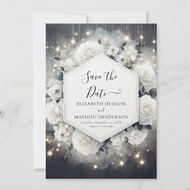 Unique Printable White Roses Wedding Save The Date (Front)