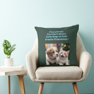 Unique Puppy & Cat Friendship Throw Pillow Design.