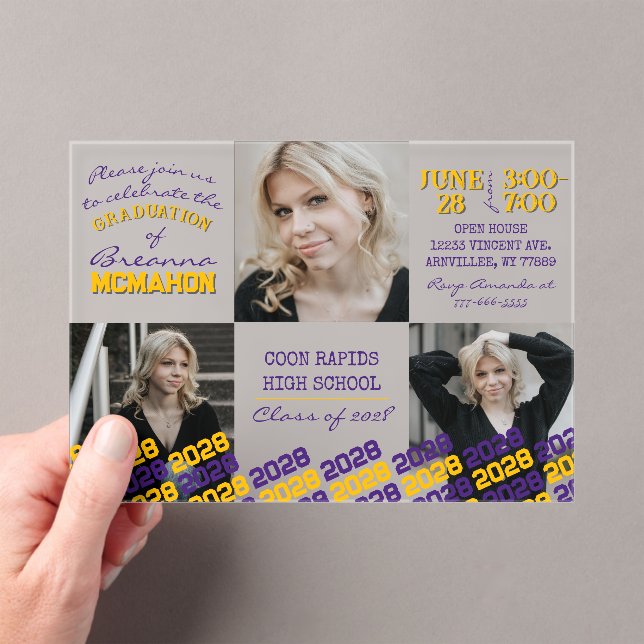 Unique Purple & Gold Graduation 3 Photo Frosted  Acrylic Invitations (Insitu (Handheld))