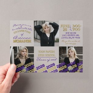 Unique Purple & Gold Graduation 3 Photo Frosted Acrylic Invitations