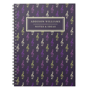 Unique Purple Music Note Pattern Custom Name Notebook