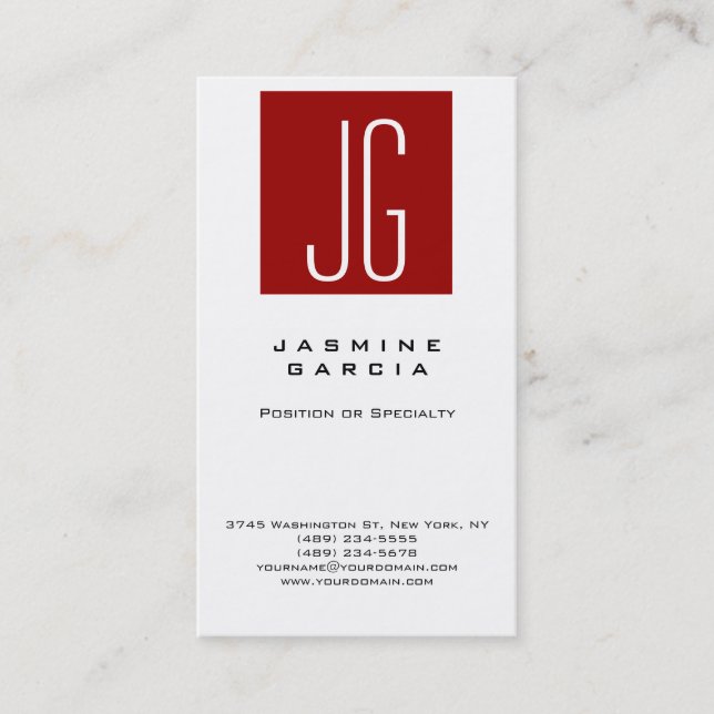 Unique Quality White Red Monogram Professional Business Card (Front)