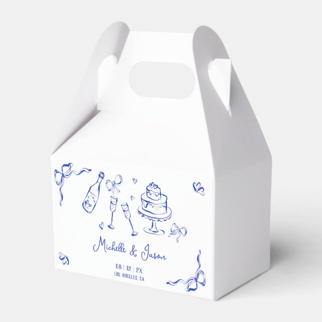 Unique Quirky Hand Drawn Blue French Bow Photo Favour Box (Front Side)