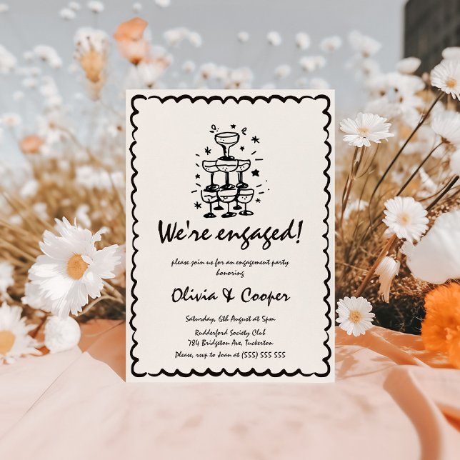 Unique Quirky Hand Drawn Retro Engagement Party Invitation (Creator Uploaded)