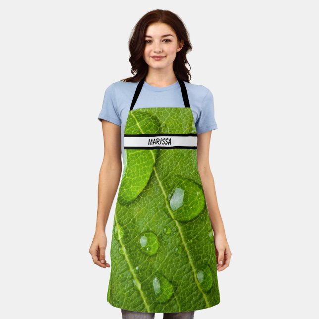 Unique Raindrops on Green Leaf Nature  Apron (Worn)