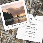 Unique Real Estate Agent Rocks Ocean Beach Photo  Square Business Card<br><div class="desc">This card has a photo background design. Perfect business card for those who just want the essentials. Change the text, font and colours of this customisable business card. Photography by me, keep it or change to your own photo. Check my shop for more business card designs! Perfect for real estate...</div>