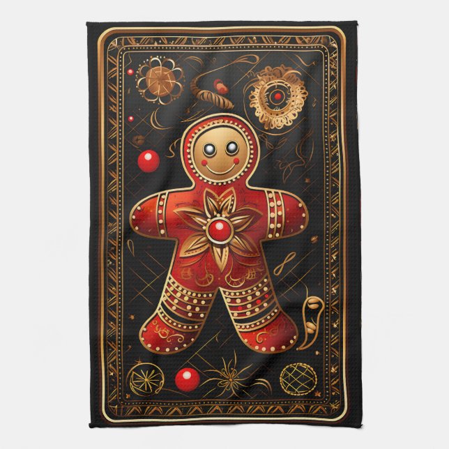 Unique Red and Gold Gingerbread Man Abstract Chris Tea Towel (Vertical)