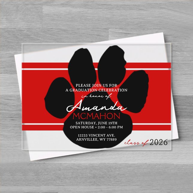 Unique Red & Black Graduation Pawprint Elegant Acrylic Invitations (Unique Red & Black Graduation Pawprint Elegant Frosted Acrylic Invitations)