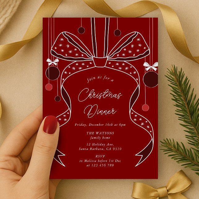 Unique Red Bows & Ribbons Elegant Christmas Party Invitation (elegant bow and ribbon Christmas party invitation red and white)