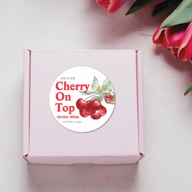 Unique Red Cherry on Top Baby shower  Classic Round Sticker (Creator Uploaded)