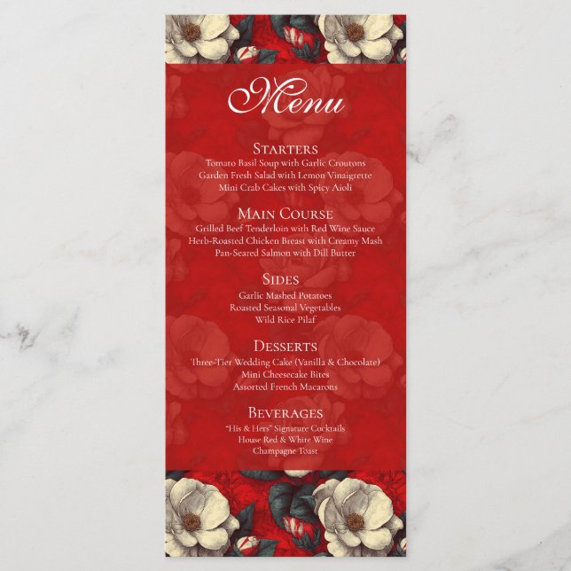 Unique Red Gardenias Charm Modern Wedding Menu (Front)