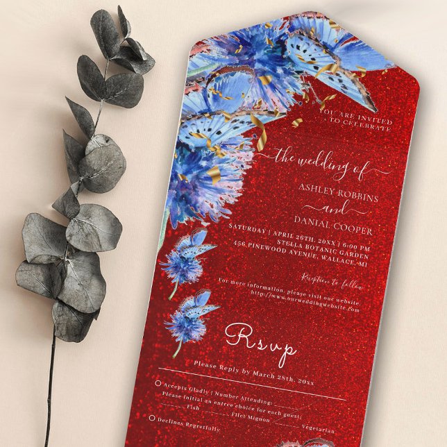 Unique Red Glitter Blue Butterflies Wedding All In One Invitation (Creator Uploaded)