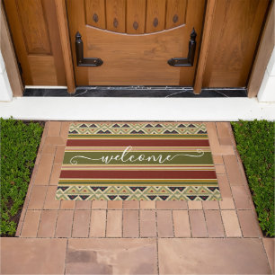 Unique Red Ochre Olive Green Ikat Stripes Welcome Doormat