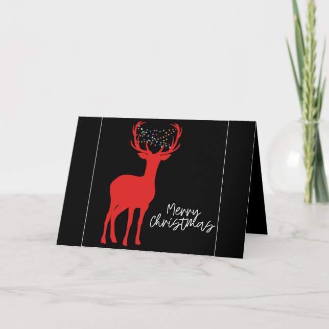 Unique Red Reindeer on Black Christmas Card (Front)