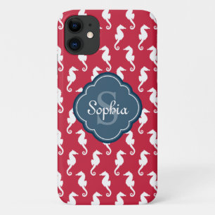 Unique Red Seahorse Pattern Blue Monogram Case-Mate iPhone Case