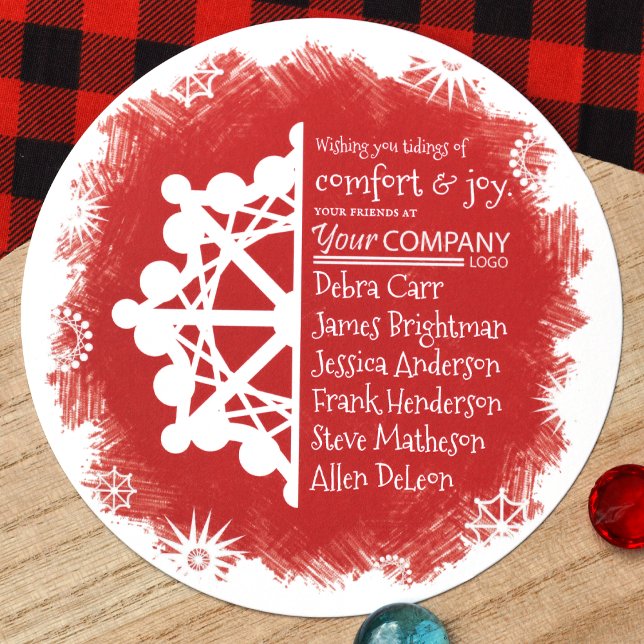 Unique Red, Turquoise White Business Holiday Card (Round Red White Snowflake Company Holiday Christmas Greeting Card for Red Logo Company Colors)