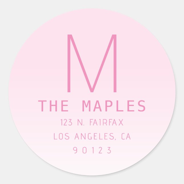 Unique Return Address & Monogram | Pink Ombre Classic Round Sticker (Front)
