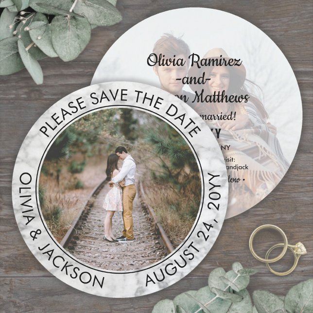 Unique Round Photo Black White Faux Marble Wedding Save The Date (Creator Uploaded)