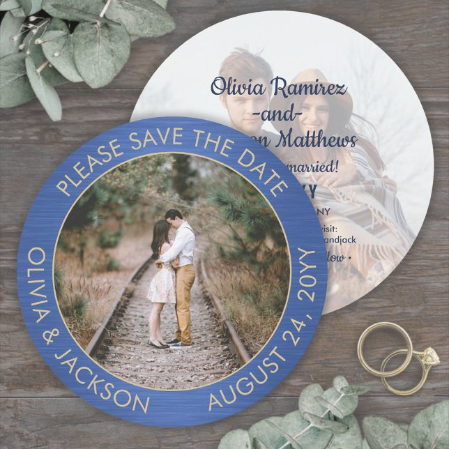Unique Round Photo Brushed Blue and Gold Wedding Save The Date (Creator Uploaded)