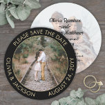 Unique Round Photo Modern Black and Gold Wedding Save The Date<br><div class="desc">Announce the joyful news of your engagement and upcoming wedding with unique round custom photo save the dates. The 2 pictures and all wording on this invitation template are simple to personalise. (IMAGE PLACEMENT TIP: An easy way to centre a photo exactly how you want is to crop it before...</div>