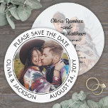 Unique Round Photo Modern Black and White Wedding Save The Date<br><div class="desc">Announce the joyful news of your engagement and upcoming wedding with unique round custom photo save the dates. The 2 pictures and all wording on this invitation template are simple to personalise. (IMAGE PLACEMENT TIP: An easy way to centre a photo exactly how you want is to crop it before...</div>