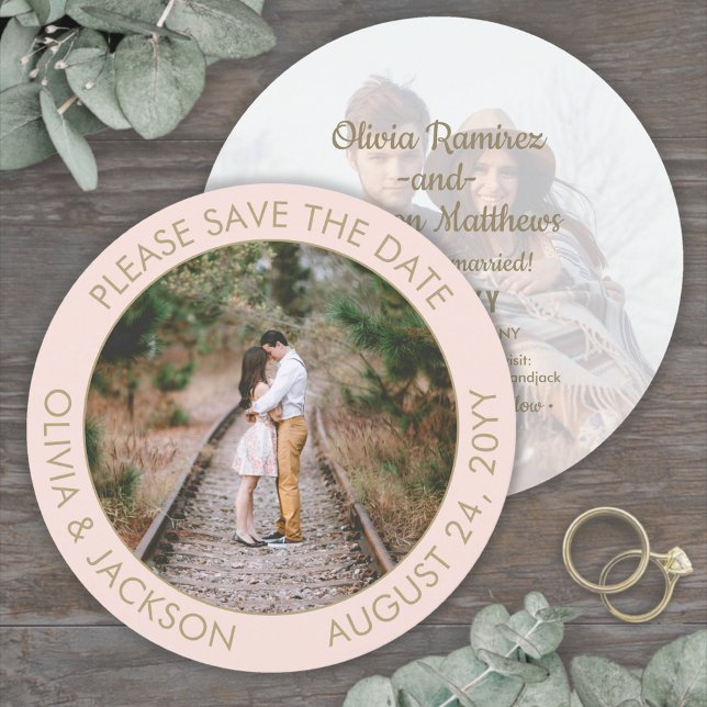 Unique Round Photo Modern Blush Pink Gold Wedding Save The Date (Creator Uploaded)