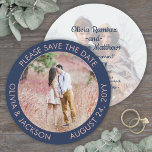 Unique Round Photo Modern Navy Blue & Pink Wedding Save The Date<br><div class="desc">Announce the joyful news of your engagement and upcoming wedding with unique round custom photo save the dates. The 2 pictures and all wording on this invitation template are simple to personalise. (IMAGE PLACEMENT TIP: An easy way to centre a photo exactly how you want is to crop it before...</div>