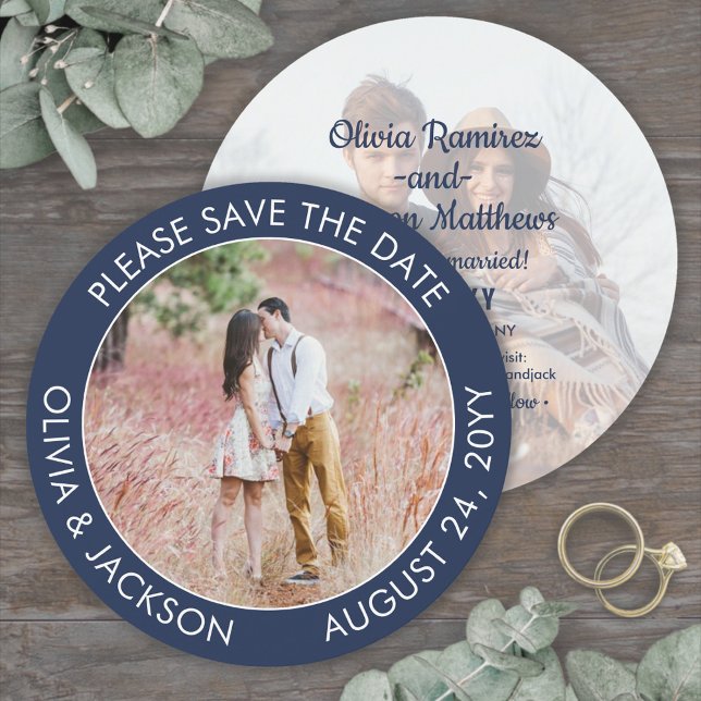 Unique Round Photo Modern Navy Blue White Wedding Save The Date (Creator Uploaded)