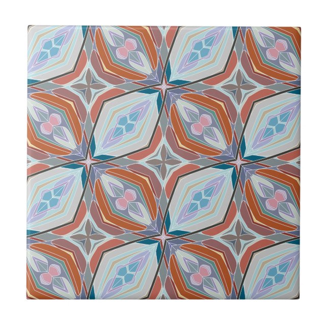 Unique Rust, Teal,Light Blue & Pink Pattern Design Tile (Front)