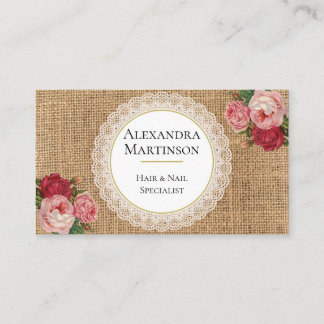 Unique Rustic Burlap Vintage Roses Floral Lace Business Card