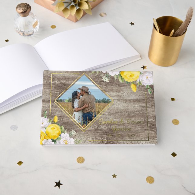 Unique Rustic Country Western Boho Gold Guest Book (Front Open)