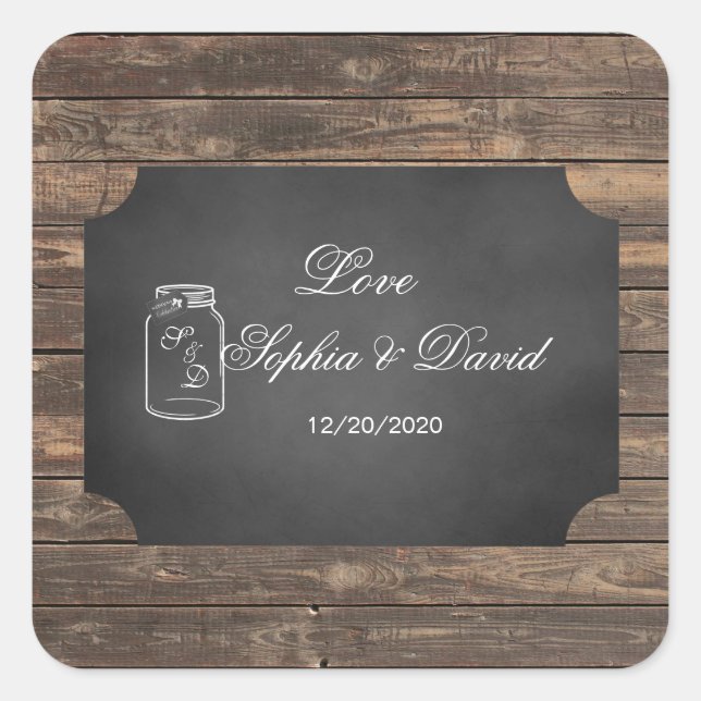 Unique Rustic Mason Jar Chalkboard Wedding Square Sticker (Front)