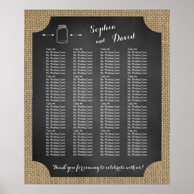 Unique Rustic Mason Jar Wedding Seating Chart (Front)