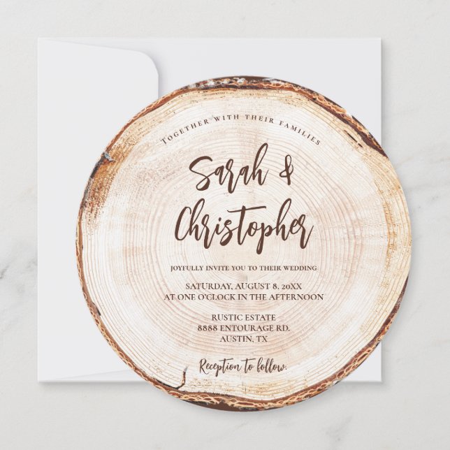 Unique Rustic Wedding Script Wood Cut Grain Invitation (Front)