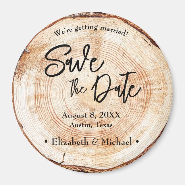 Unique Rustic wedding Wood Disc Tree bark Custom Magnet (Front)