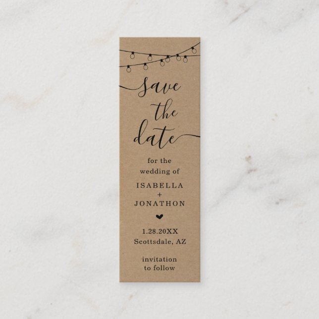 Unique Save the Date Bookmark Bookmark on Kraft Mini Business Card (Front)