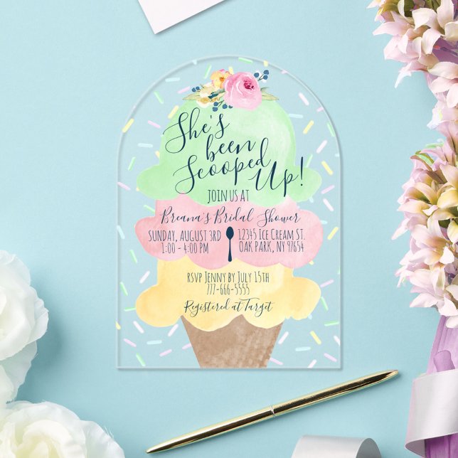 Unique Scooped Up Ice Cream Bridal Shower Acrylic Invitations (Scooped Up Bridal Shower Unique Acrylic Wedding or Bridal Shower Invitations)