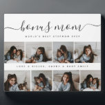 Unique Script Photo Collage Bonus Mum Mothers Day Plaque<br><div class="desc">Honour a special stepmom this Mother's Day with our Unique Script Photo Collage Bonus Mum sign. It melds a clean, rectangular photo collage with timeless elegance. The monochrome snapshots and handwritten calligraphy capture a family's love, making it a uniquely modern, chic, and sentimental gift. This piece beautifully conveys the bond...</div>