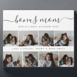 Unique Script Photo Collage Bonus Mum Mothers Day Plaque<br><div class="desc">Honour a special stepmom this Mother's Day with our Unique Script Photo Collage Bonus Mum sign. It melds a clean, rectangular photo collage with timeless elegance. The monochrome snapshots and handwritten calligraphy capture a family's love, making it a uniquely modern, chic, and sentimental gift. This piece beautifully conveys the bond...</div>