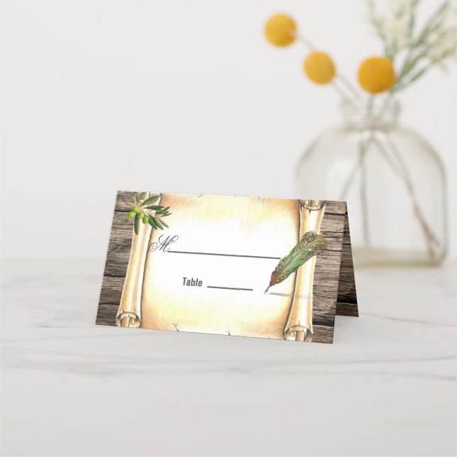 Unique Scroll & Feather Pen Table Place Card (Front)