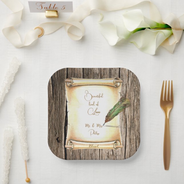 Unique Scroll & Vintage Feather Pen Wedding Paper Plate (Wedding)