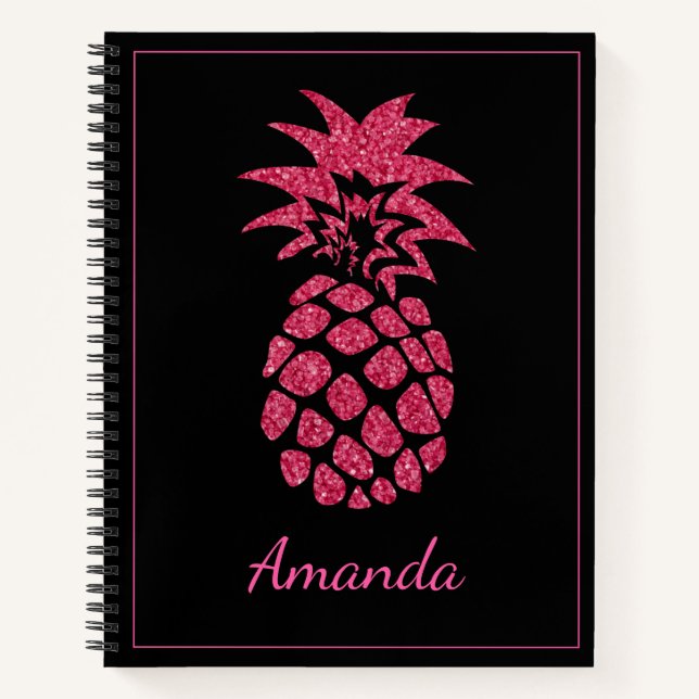 Unique Shape Pink Glitter Black Pineapple Name Notebook (Front)