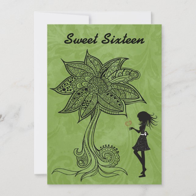 Unique Silhouette Girl Flower Sweet 16 Invite (Front)
