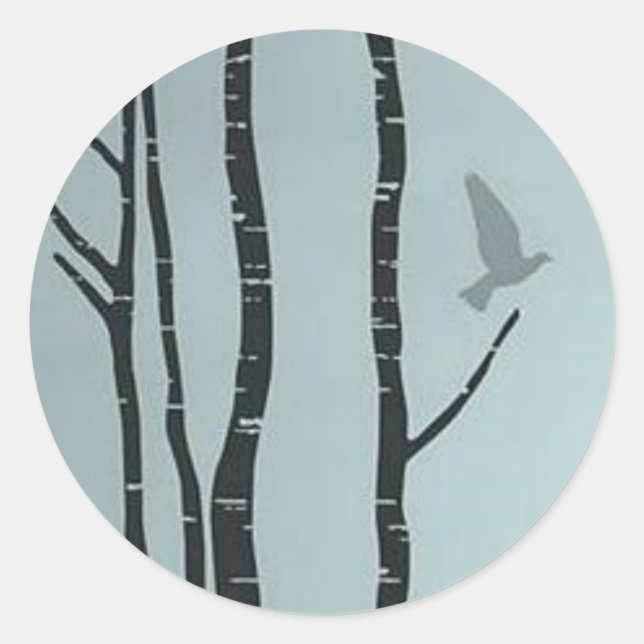 Unique silver birch, bird artwork classic round sticker (Front)