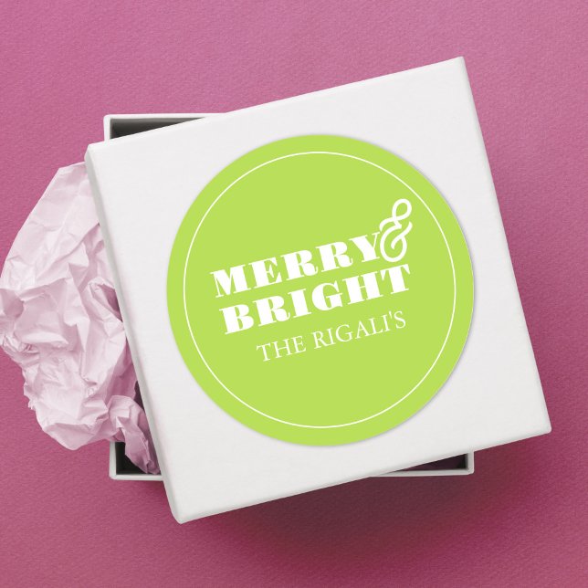 Unique Simple Green Merry & Bright Font Classic Round Sticker (Christmas sticker minimalistic bright green. )