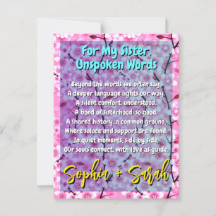 Unique Sister Gift Pink Floral Poem Postcard