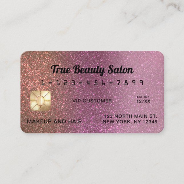 Unique Sparkly Gold Pink Glitter Credit Card (Front)