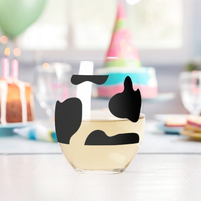Unique stemless wine glass with black cow spots (Insitu (Birthday))