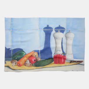 unique still life art of peppers courgette carrots tea towel