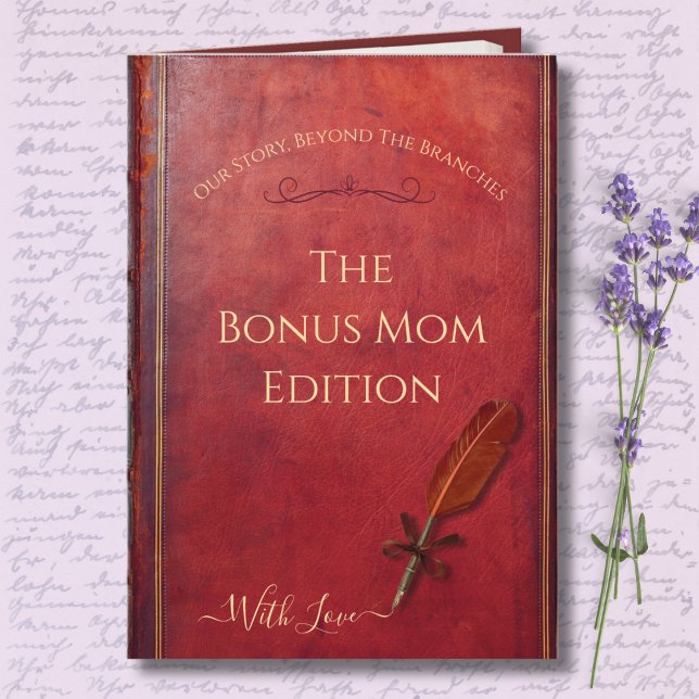 Unique Storybook Bonus Mom Photo Mother’s Day Card (Luxury Red Leather Storybook Card for Bonus Mom. Typography Cover & Vintage Quill.)